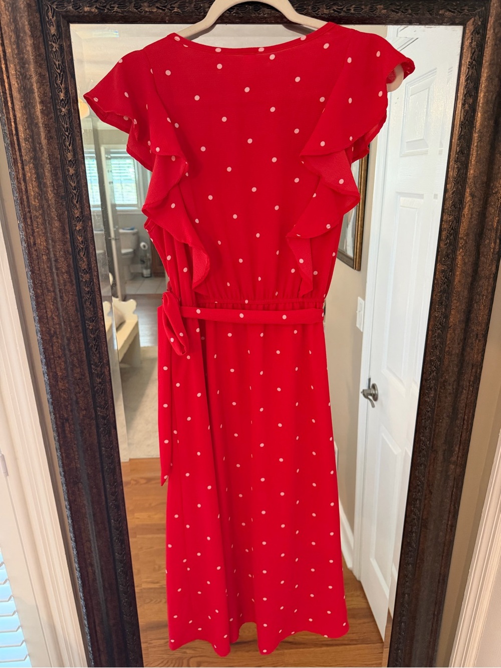 Red Polka Dot Ruffle Midi Dress - Women's Effortless Day-to-Evening Style - Picture 5 of 14